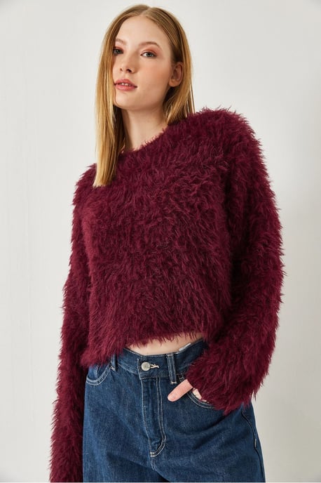 Geverfde Crew Neck Crop Trui met Pluche Detail - Image 2