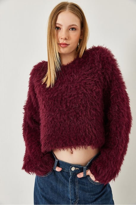 Geverfde Crew Neck Crop Trui met Pluche Detail - Image 4