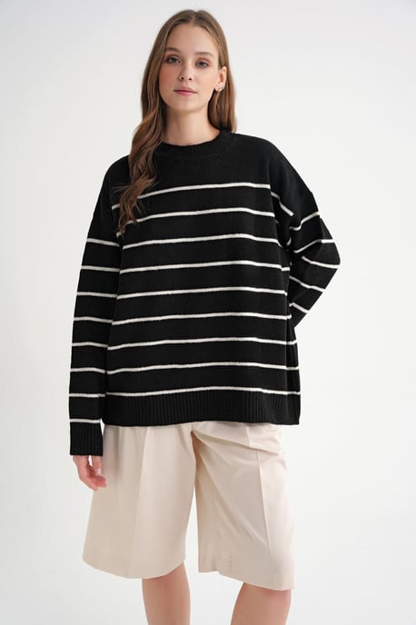 Randig Crew Neck Avslappnad Stickad Tröja - Image 1