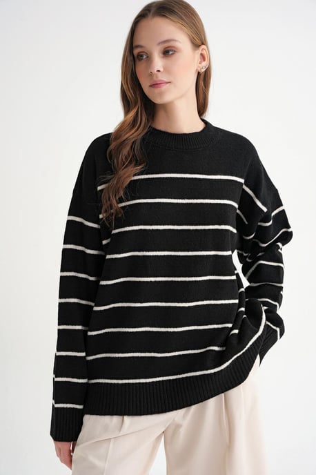 Randig Crew Neck Avslappnad Stickad Tröja - Image 3