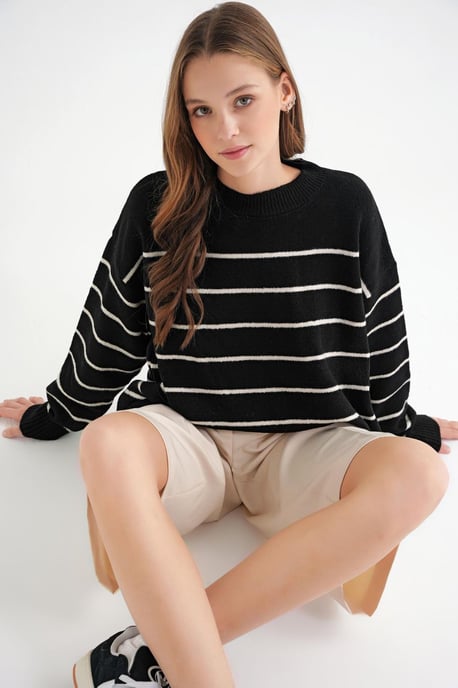 Randig Crew Neck Avslappnad Stickad Tröja - Image 4