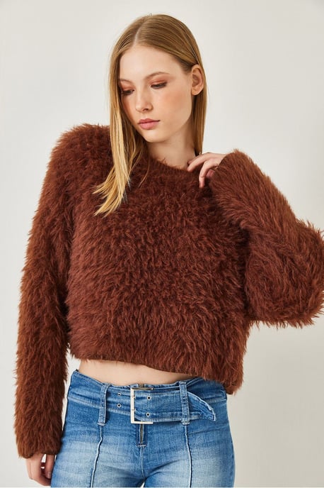 Gestructureerde Crewneck Crop Trui met Pluche Detail - Image 2