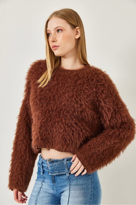 Gestructureerde Crewneck Crop Trui met Pluche Detail - Image 3