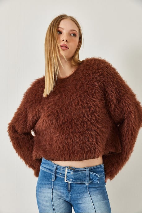 Gestructureerde Crewneck Crop Trui met Pluche Detail - Image 4