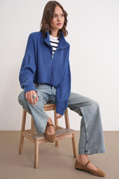 Textured Long Sleeve Zipped Collar Sweater - Image 2