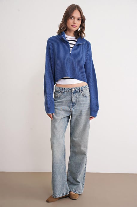 Textured Long Sleeve Zipped Collar Sweater - Image 3