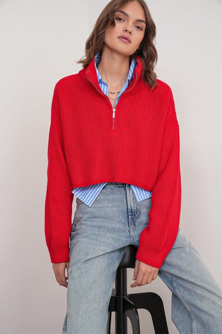 Textured Long Sleeve Zipped Collar Sweater - Image 2