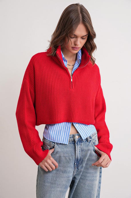 Textured Long Sleeve Zipped Collar Sweater - Image 3
