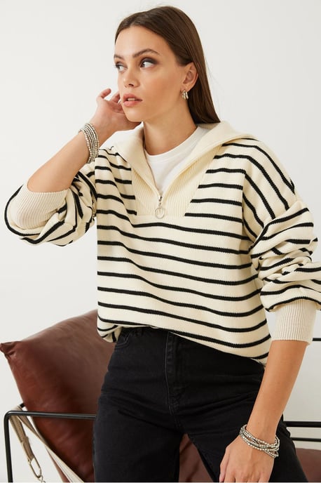 Striped Boxy Crop Sweater with Zipper Collar - Image 2
