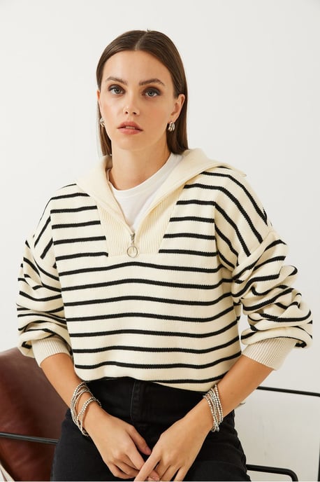 Striped Boxy Crop Sweater with Zipper Collar - Image 3