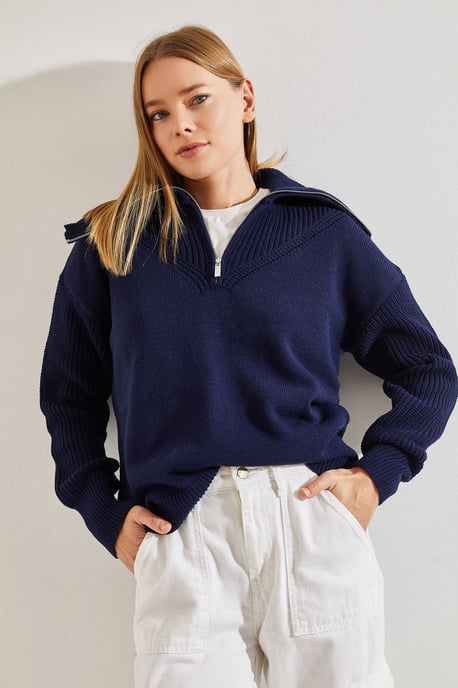 Zipper Collar Knit Sweater - Image 2