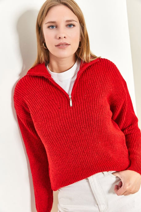 Oversized Textured Knit Sweater with Zipper Collar - Image 2
