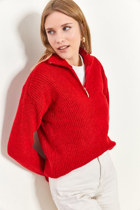 Oversized Textured Knit Sweater with Zipper Collar - Image 6