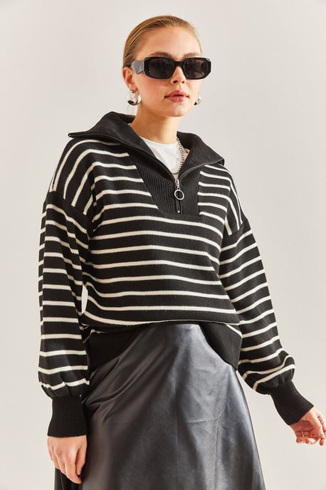 Gestreepte Boxy Crop Trui met Ritskraag - Image 2