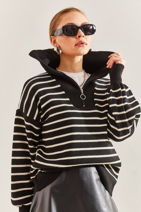 Gestreepte Boxy Crop Trui met Ritskraag - Image 3