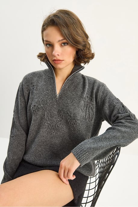 Embroidery Detailed Zipped Collar Knit Sweater - Image 2