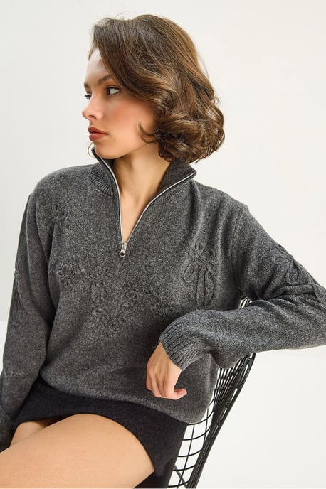 Embroidery Detailed Zipped Collar Knit Sweater - Image 3
