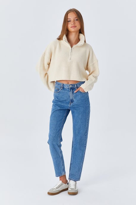 Textured Long Sleeve Zipped Collar Sweater - Image 5
