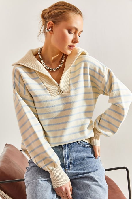 Gestreepte Boxy Crop Trui met Ritskraag - Image 4