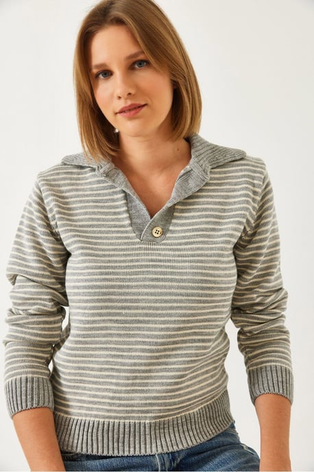 Striped Polo Collar Knit Sweater - Image 1