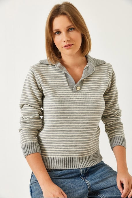Striped Polo Collar Knit Sweater - Image 2