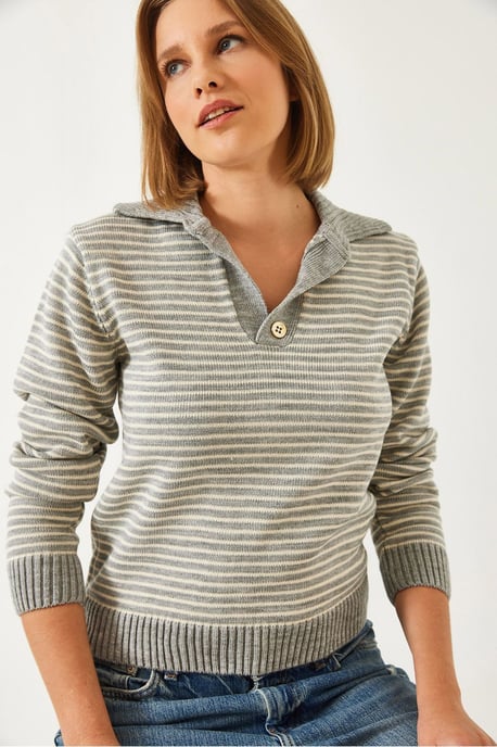 Striped Polo Collar Knit Sweater - Image 3
