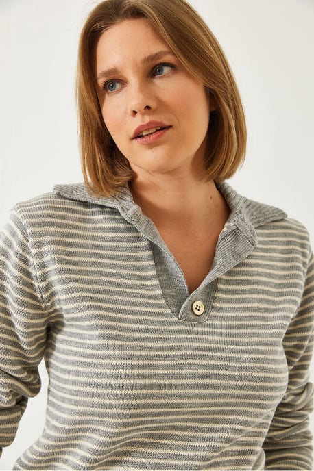 Striped Polo Collar Knit Sweater - Image 4