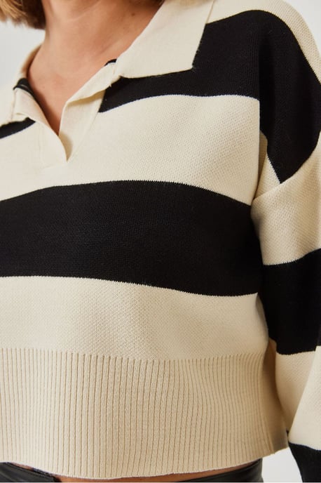 Striped Polo Collar Ribbed Crop Sweater - Image 2