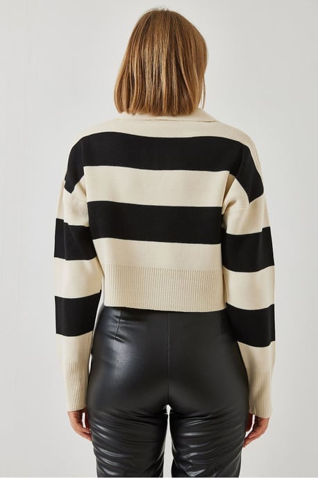 Striped Polo Collar Ribbed Crop Sweater - Image 3