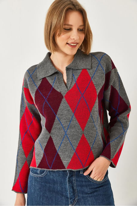 Geometric Pattern Polo Neck Knit Sweater - Image 2