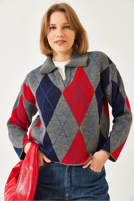 Geometric Pattern Polo Neck Knit Sweater - Image 2