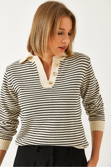 Striped Polo Collar Knit Sweater - Image 1