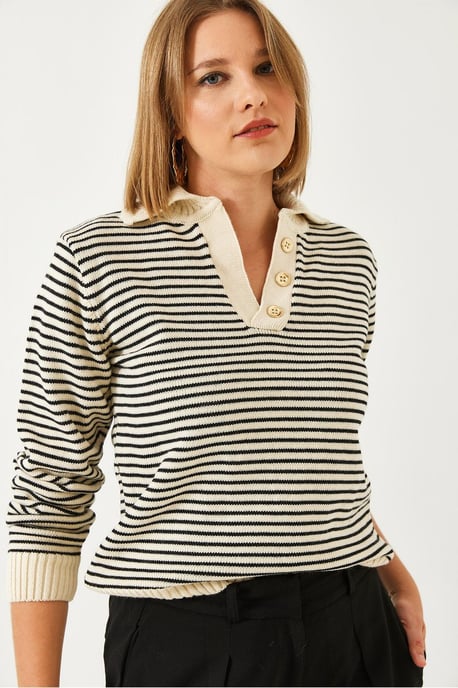 Striped Polo Collar Knit Sweater - Image 2