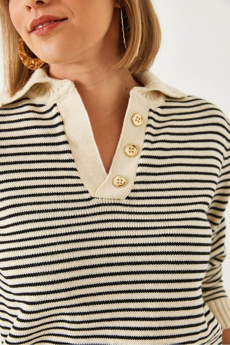 Striped Polo Collar Knit Sweater - Image 3