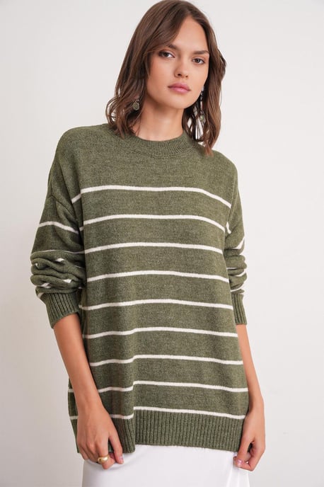 Randig Crew Neck Avslappnad Stickad Tröja - Image 3