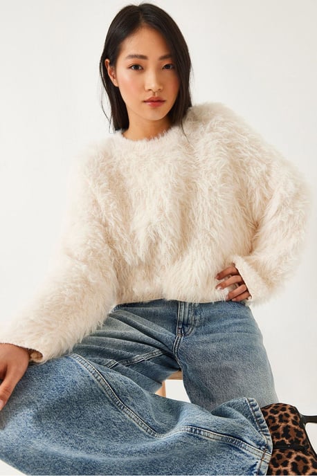 Textuur Crew Neck Crop Trui met Pluche Detail - Image 1