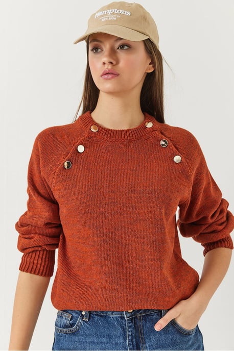 Textured Knitted Crew Neck Sweater met Knopen - Image 3