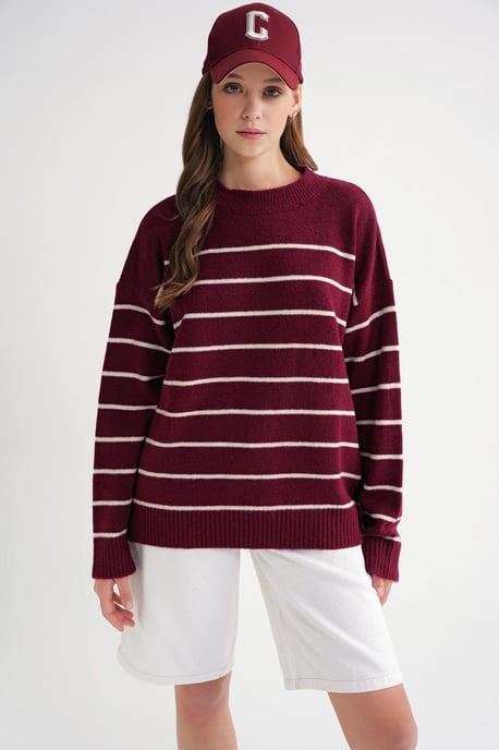 Randig Crew Neck Avslappnad Stickad Tröja - Image 4