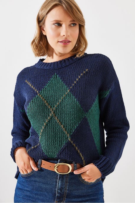 Geometric Pattern Knit Sweater with Crew Neck - Image 1