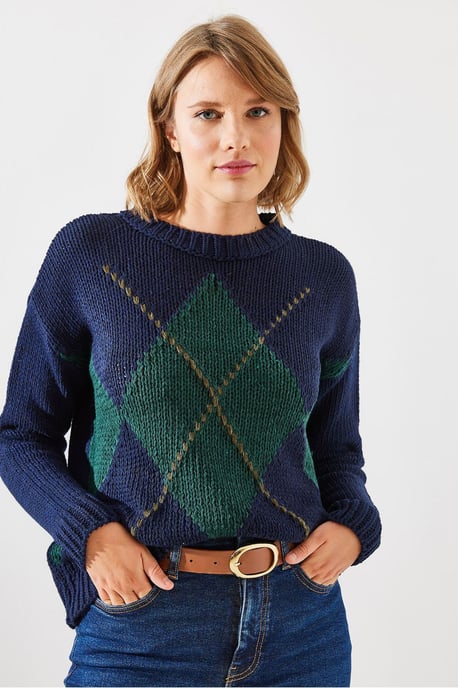 Geometric Pattern Knit Sweater with Crew Neck - Image 2
