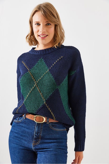 Geometric Pattern Knit Sweater with Crew Neck - Image 3