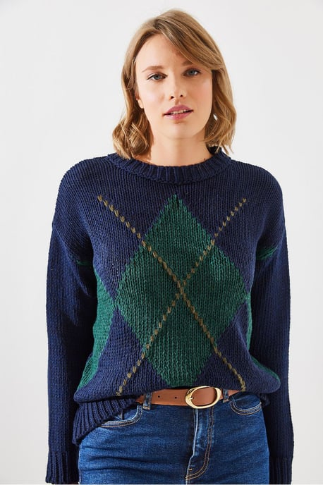 Geometric Pattern Knit Sweater with Crew Neck - Image 4