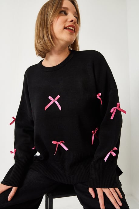 Mönstrad akrylpullover med rund hals och rosettdetalj - Image 2
