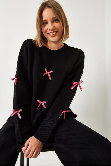Mönstrad akrylpullover med rund hals och rosettdetalj - Image 3