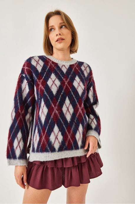Crew Neck Slitsstickad Tröja i Baklava Mönster - Image 3
