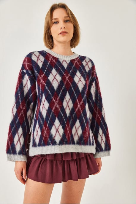 Crew Neck Slitsstickad Tröja i Baklava Mönster - Image 4