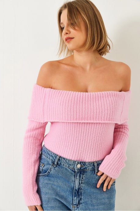 Off-Shoulder Ribbad Stickad Fitted Tröja med Vikt Detalj - Image 1
