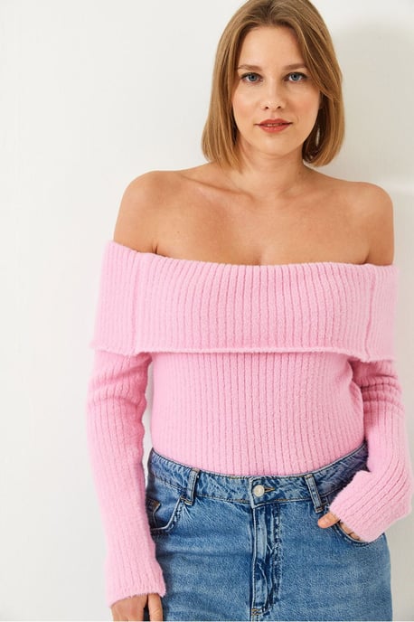 Off-Shoulder Ribbad Stickad Fitted Tröja med Vikt Detalj - Image 2