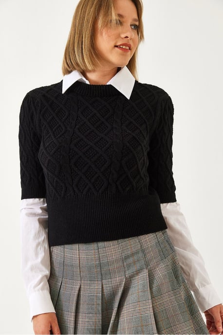 Textured Knitwear Crop Sweater with Shirt Collar - Image 3