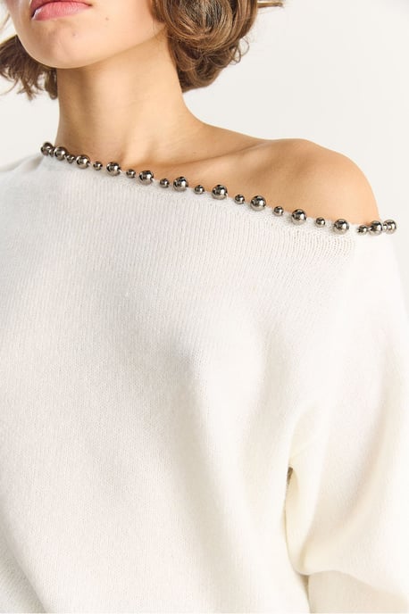 Asymmetrisk Krage Accessoar Detaljerad Stickad Tröja - Image 6